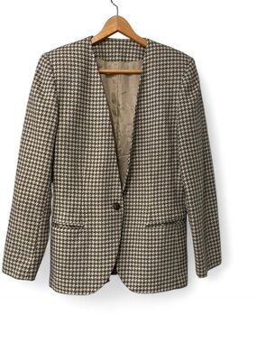 Ashley Brooke Women's 8 Gray Ivory Houndstooth One Button Blazer Suit Jacket